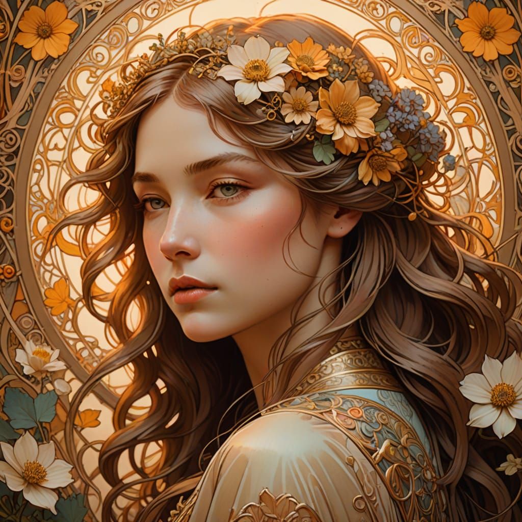 Enchanting Art Nouveau Portrait in Warm Golden Light