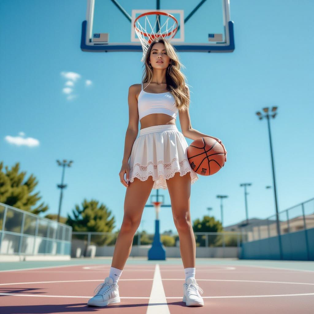 Stunning Woman on Basketball Court in High-Fashion Style