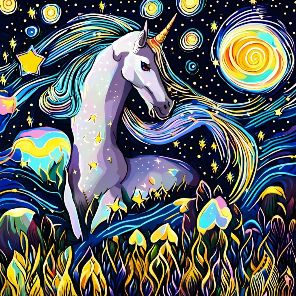 Unicorn in Starry Night Field: Dreamy Scene