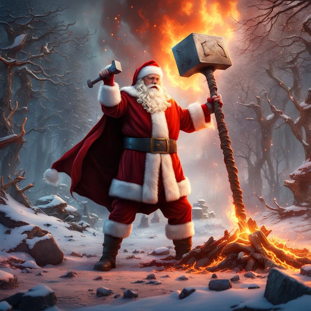 Santa Claus Wields Thor's Hammer in Epic Battle