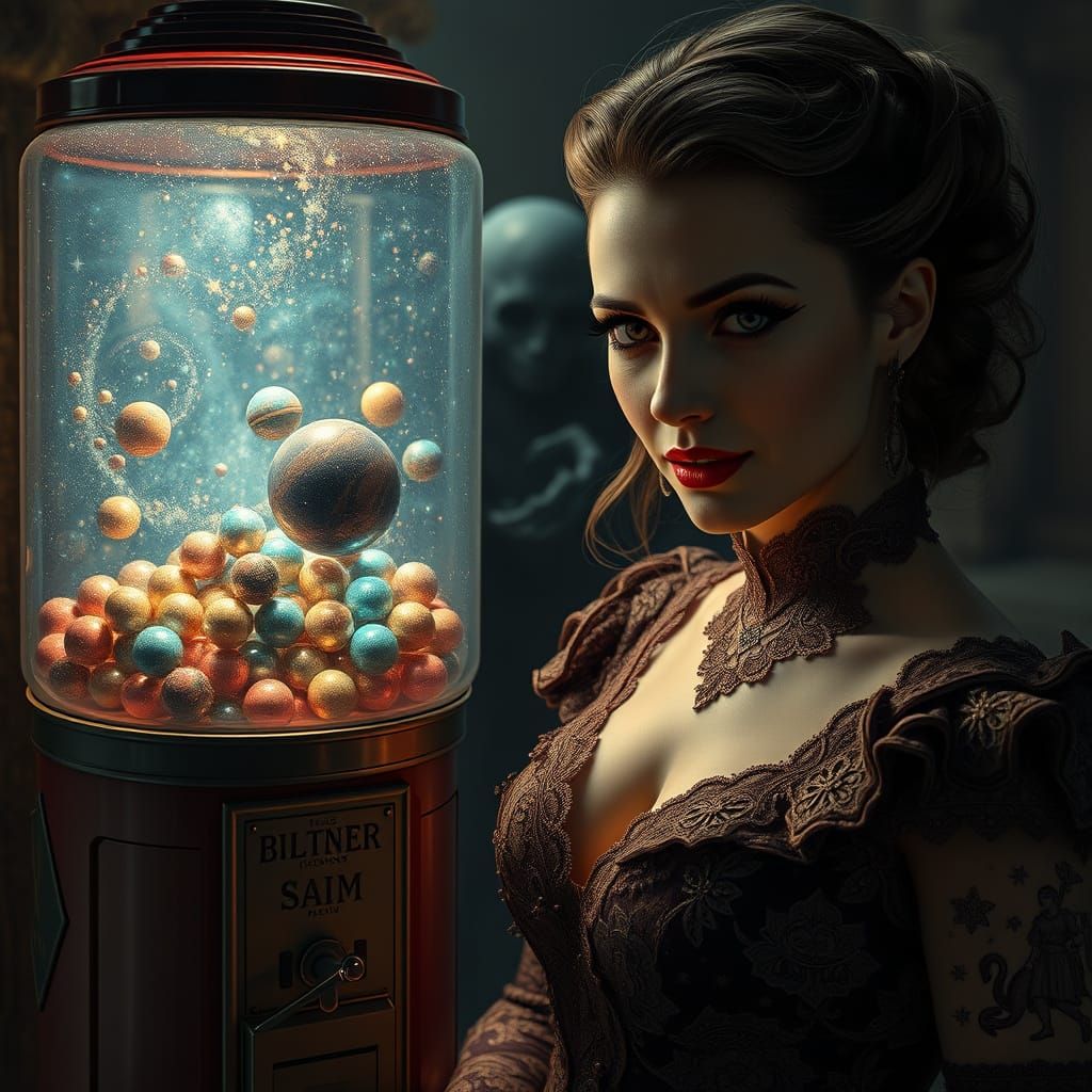 Mysterious Siren Beside Cosmic Bubble Gum Machine in Opulent...