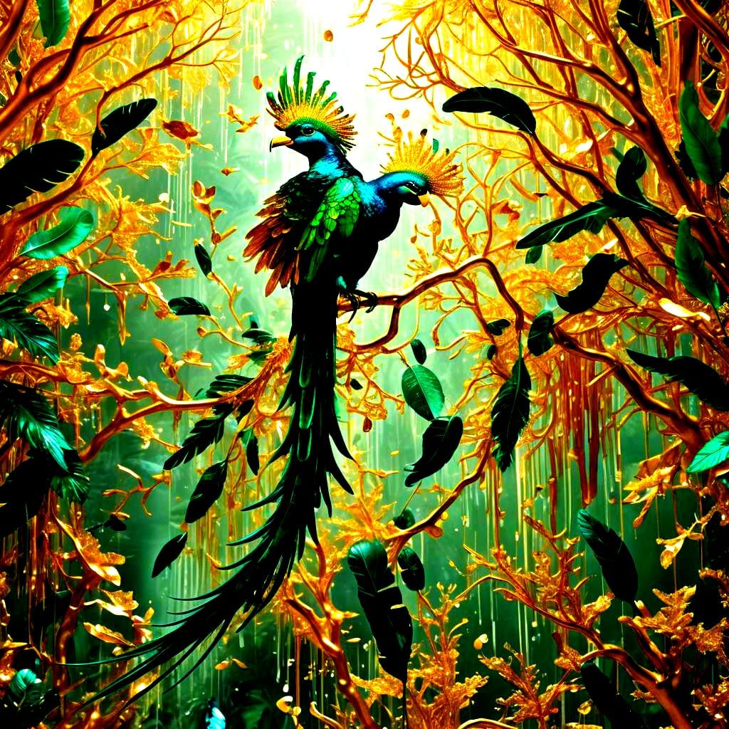Majestic Golden Quetzal: Bioluminescent Feathers, 3D Render