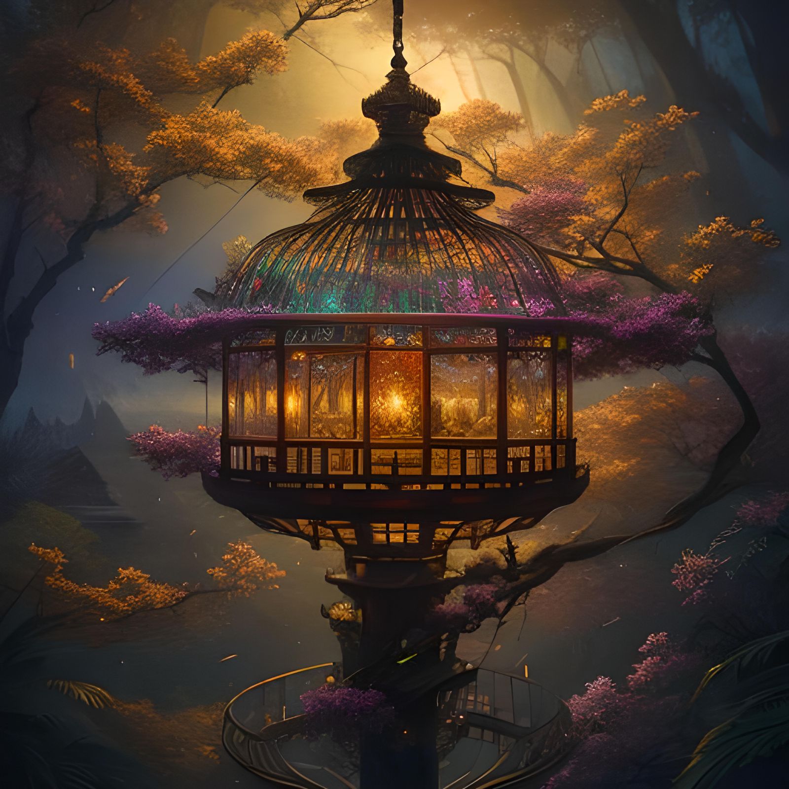 Japanese Birdcage Treehouse Sunset: Hyperrealistic Digital P...