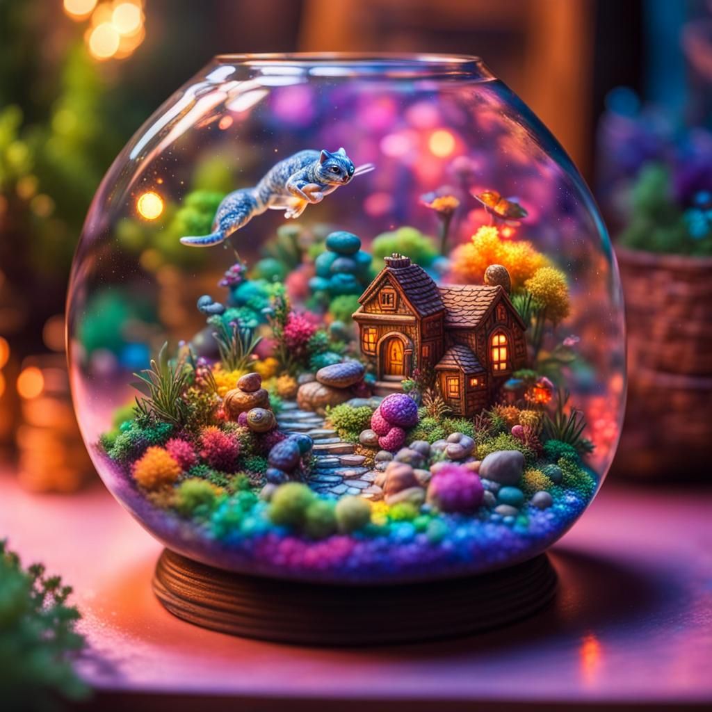 Hyperrealistic Cat Village in Crystal Terrarium with Turtles