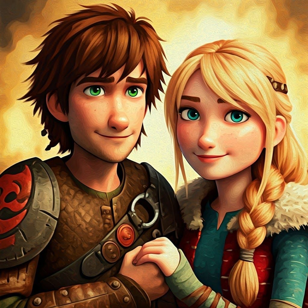 Hiccup and Astrid: Tender Moment in Gouache Style