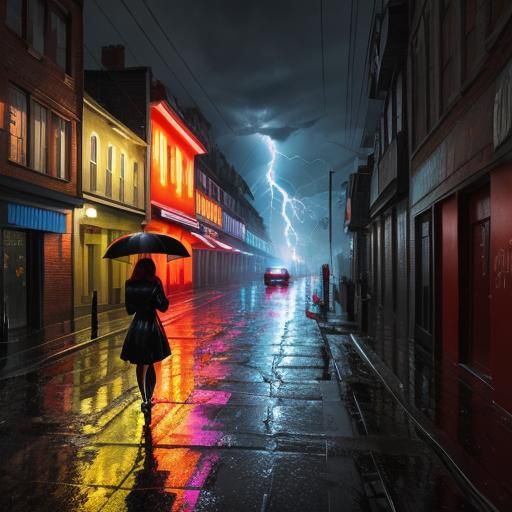 Woman with Red Umbrella in Rainy Graffiti Art
