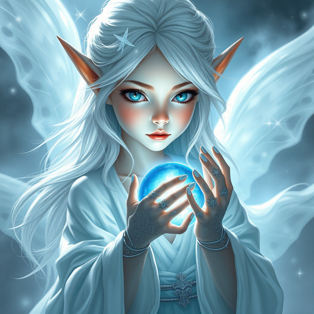 Porcelain Elf with Blue Orb, Mythological Illustration