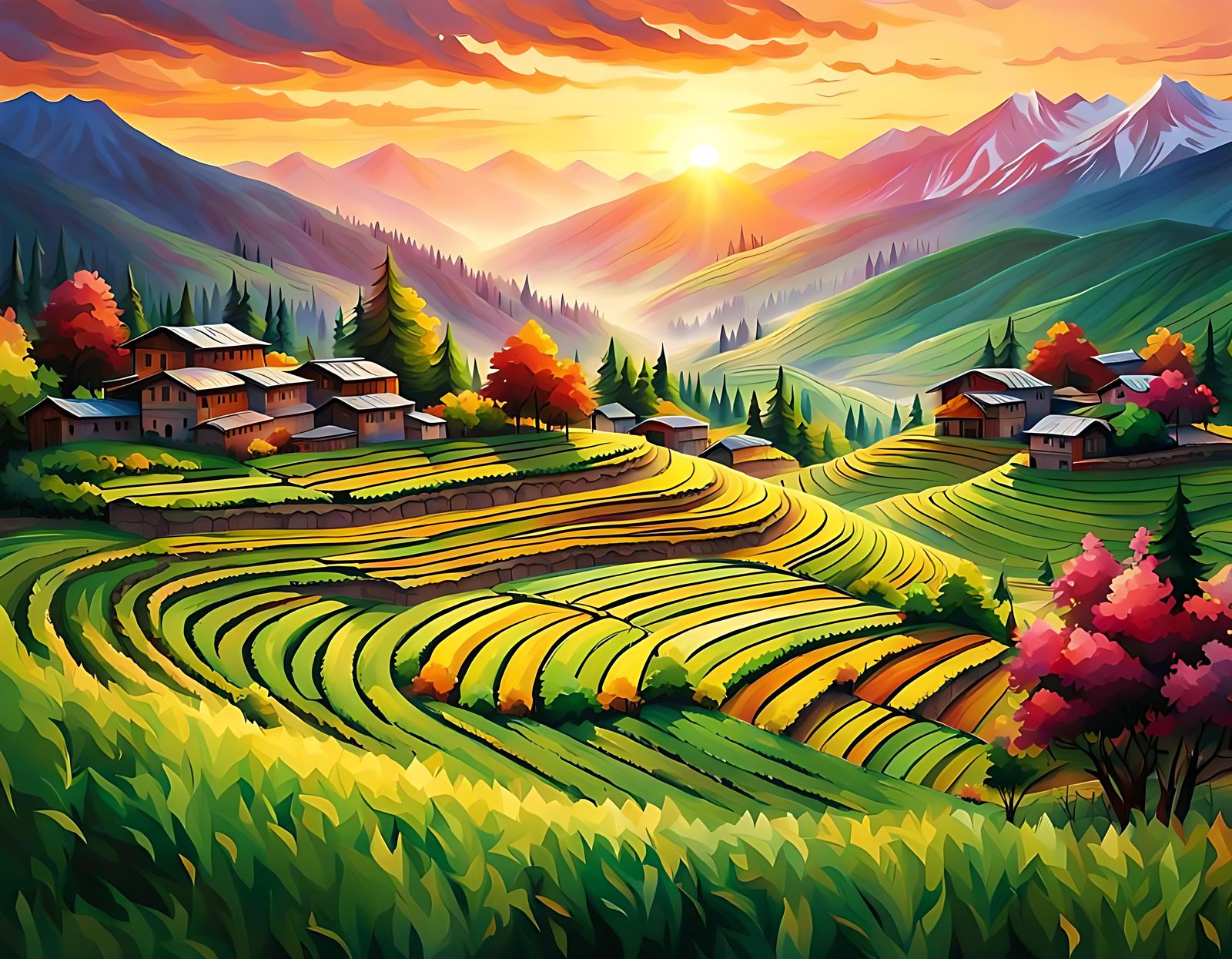 Terraced Cultivation in Kashmir at Sunset