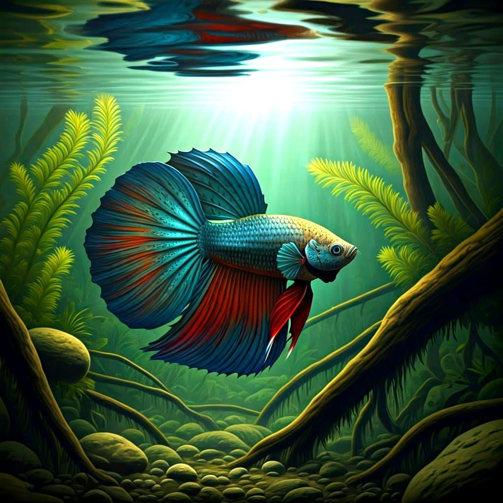 Realistic Underwater Painting of a Wild Betta Fish