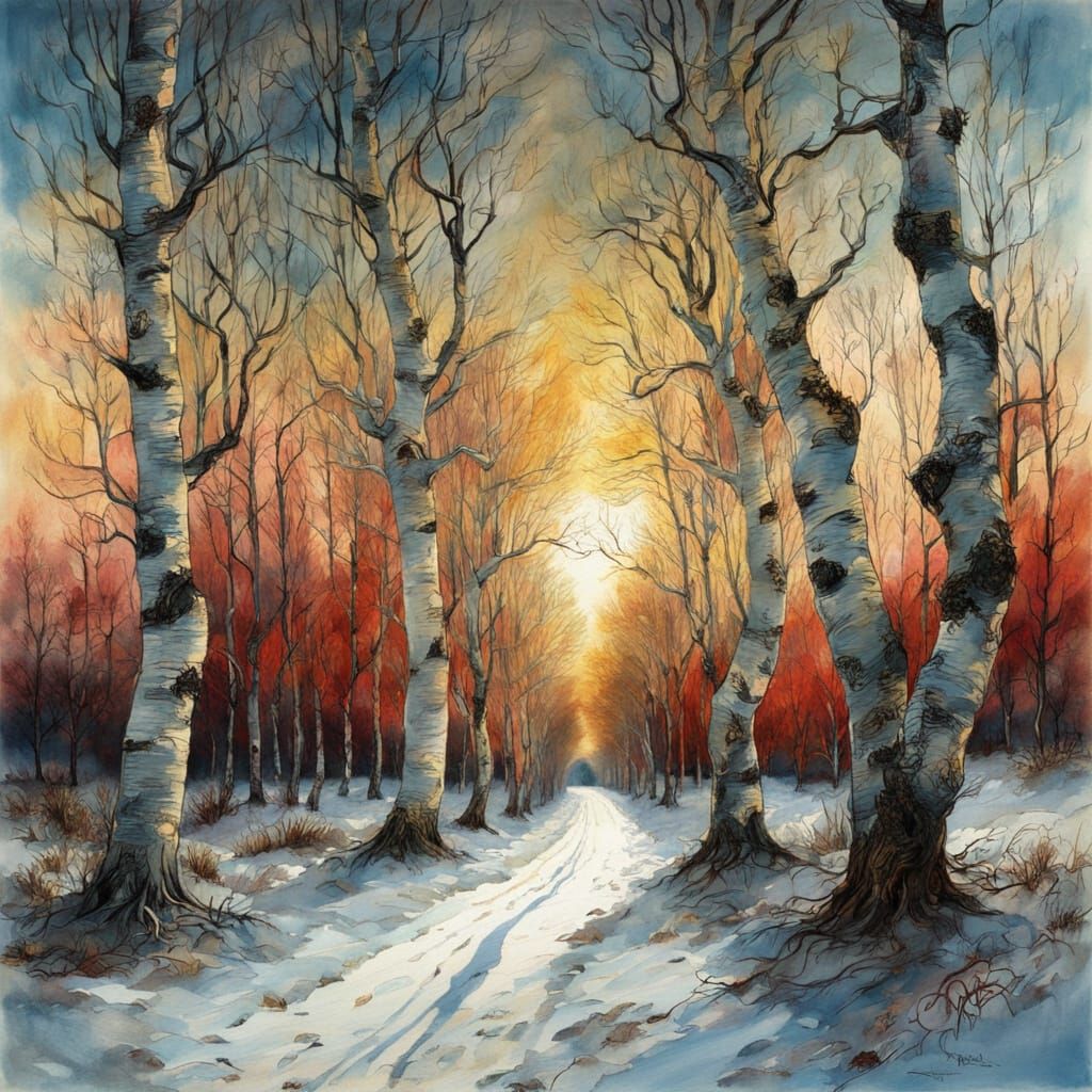 beautiful narrow, winding avenue of birch trees with ancient gnarled maples in winter