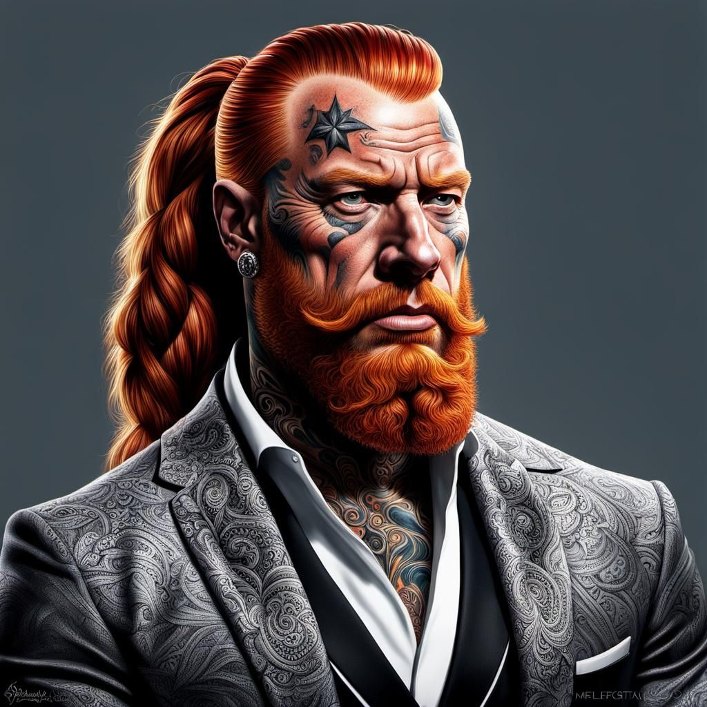 Hyperrealistic Portrait of a Ginger Criminal with Tattoo