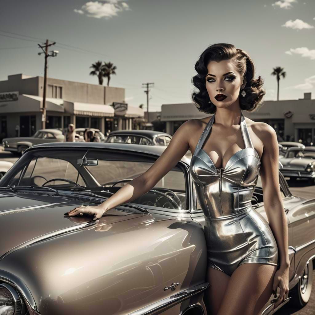 Retro Futurism Pin-Up Girl With Classic Car