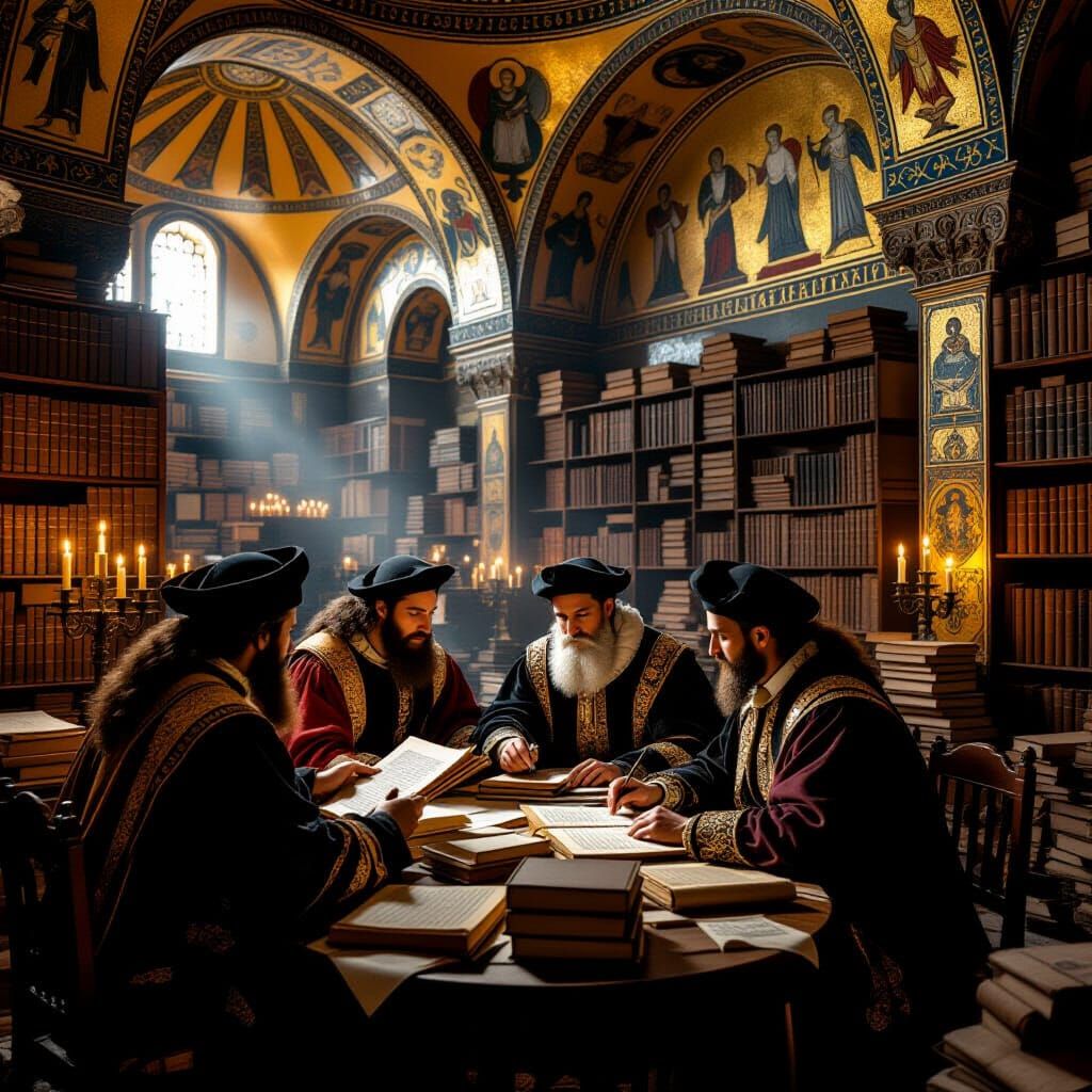 Renaissance Scholars Study Ancient Texts in Mystical Chamber