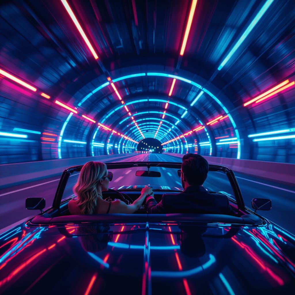 Couple Driving Through Neon Tunnel in Cinematic Style