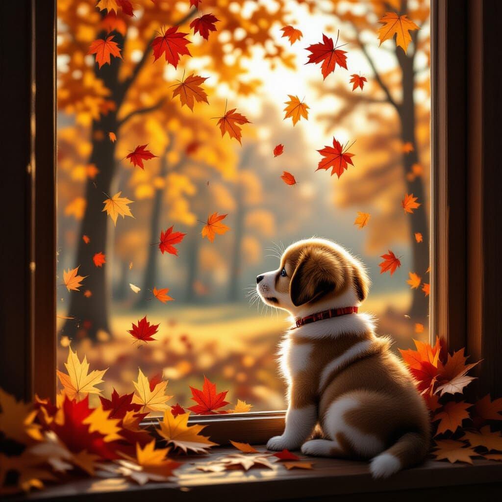 Cozy Autumn Scene: Puppy Watches Falling Leaves