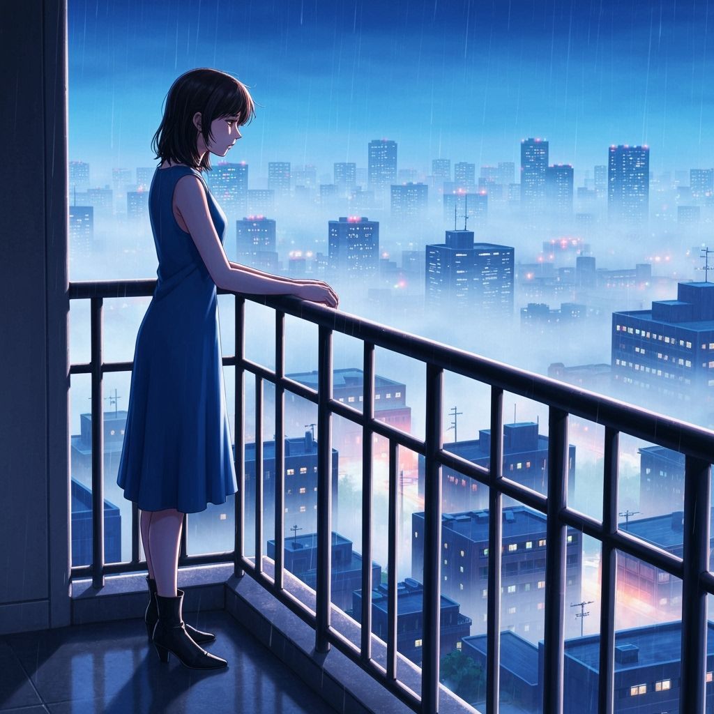 Anime Woman Gazing at Rainy Cityscape