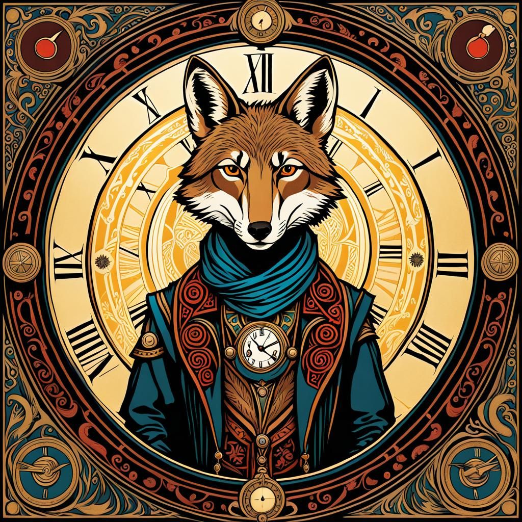 Coyote Trickster God in Clockpunk Storybook Illustration