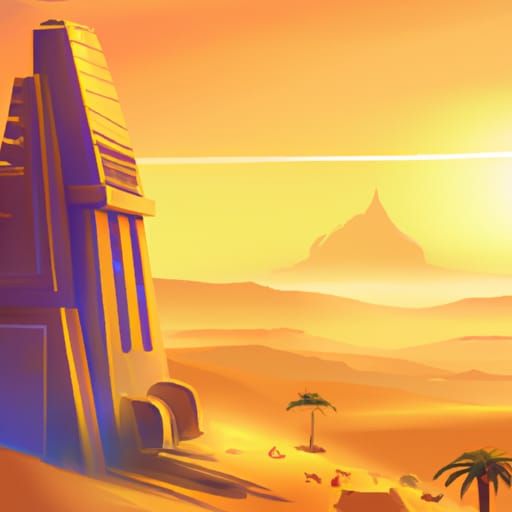 Desert Temple Sunrise in Comic Book Art Style