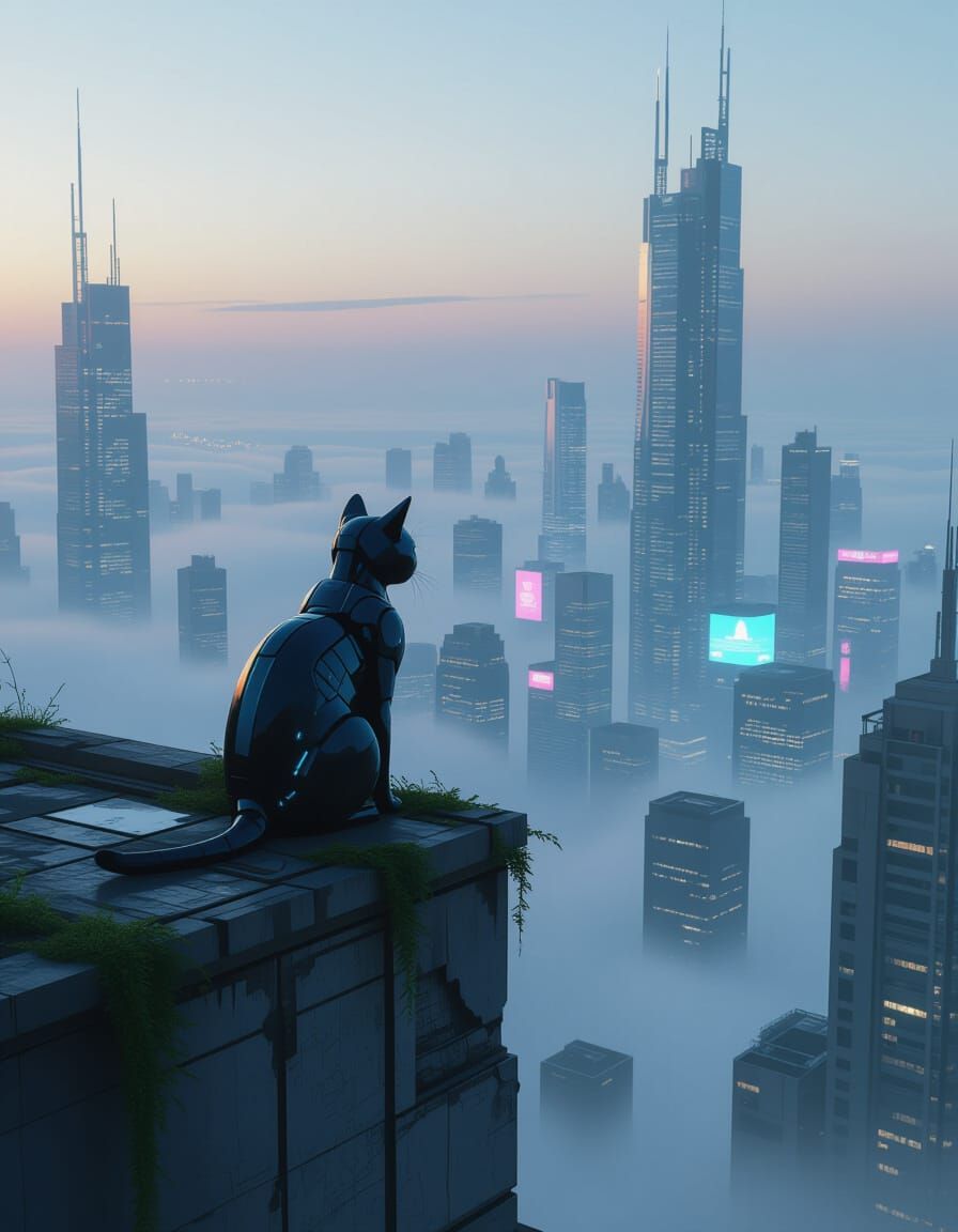 Cybernetic Cat on Skyscraper Overlooking Futuristic City
