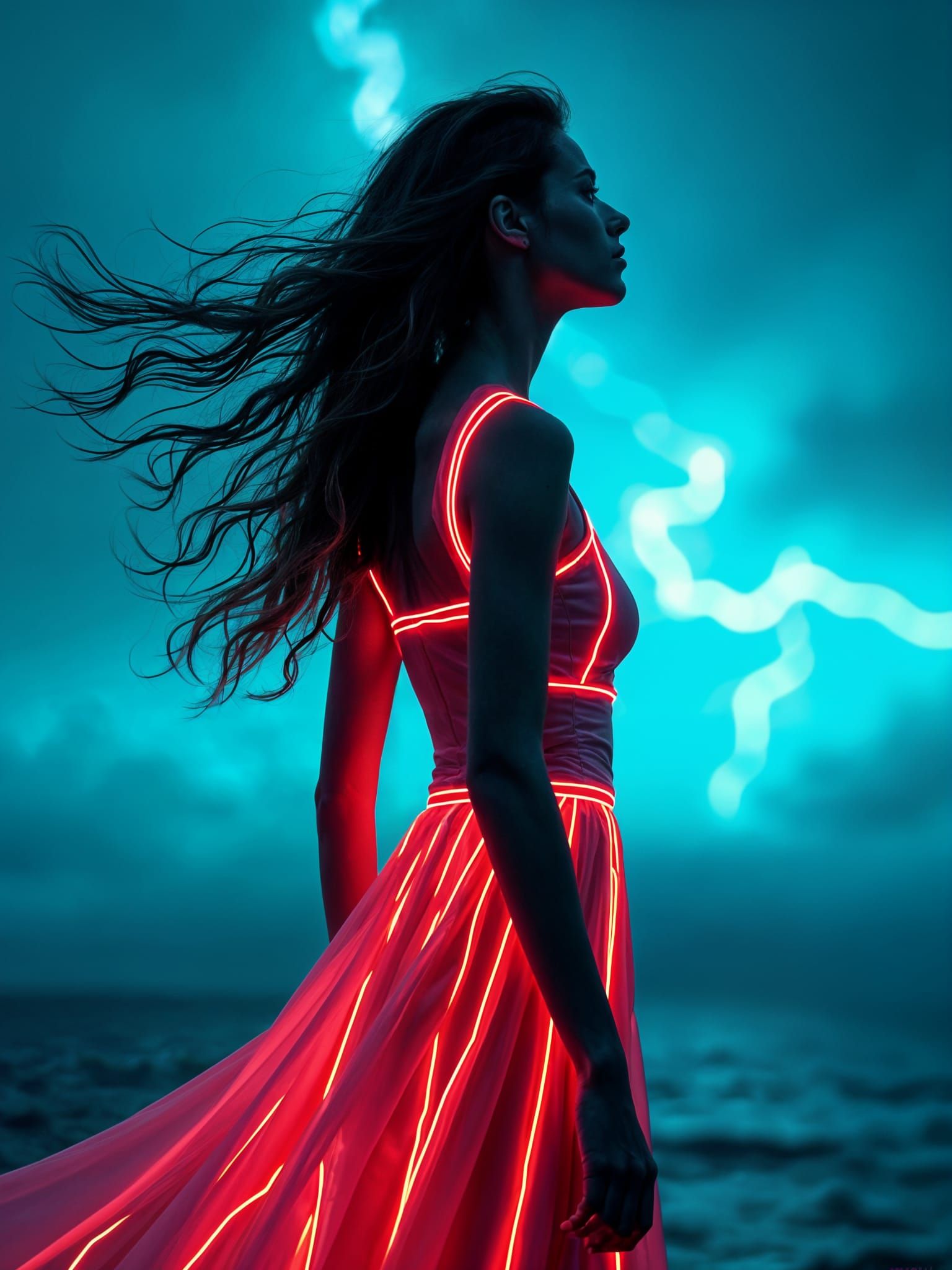 Neon Girl in Storm: Soft Lighting Photography