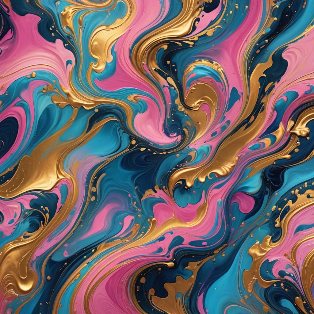 Vibrant Fluid Art with Swirling Gold Patterns