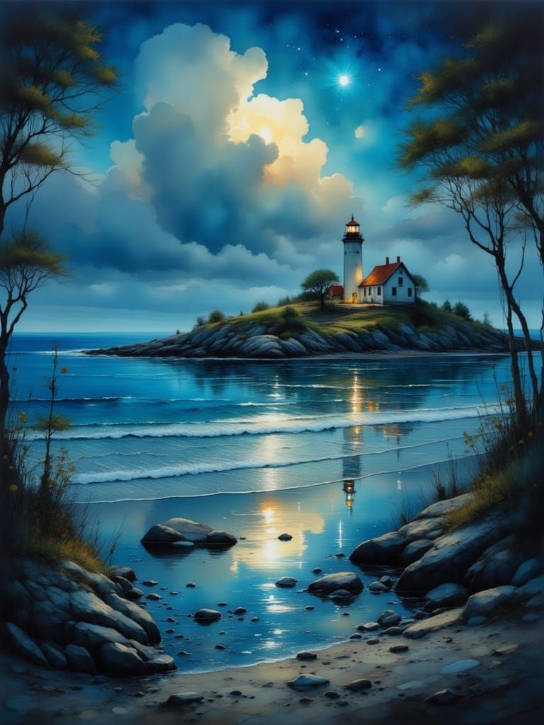 Lighthouse Island Seaside Village at Night