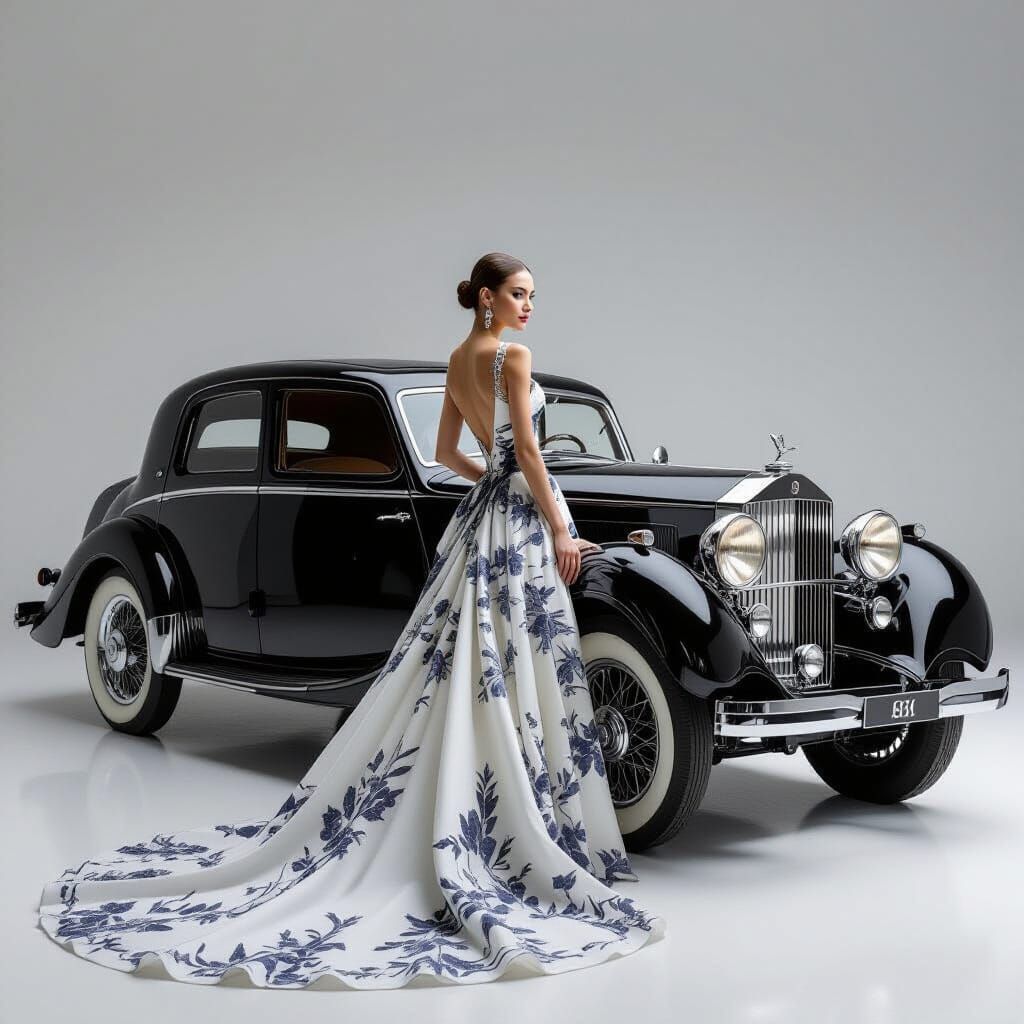 Haute Couture Model Poses With Vintage Car in Minimalist Stu...