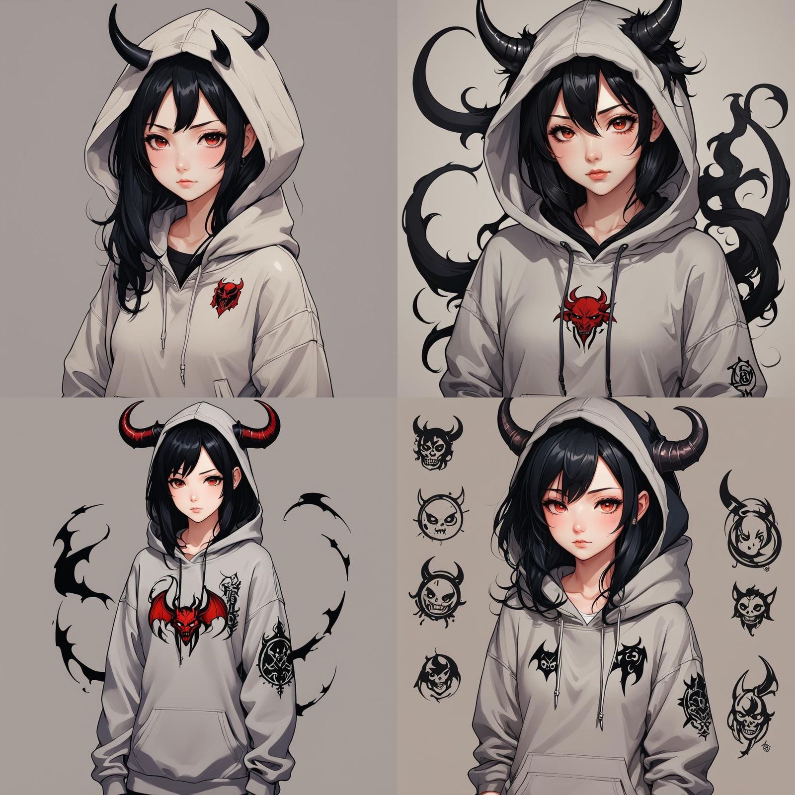 Anime Devil Girl with Tattoo in Hoodie