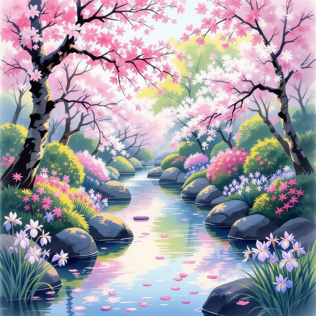 Serene Japanese Garden with Cherry Blossoms and Irises