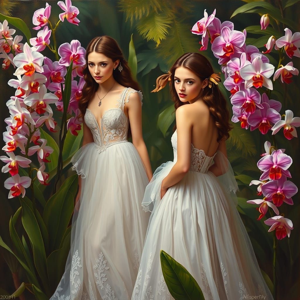 Elegant Women and Orchids in Botanical Garden Painting