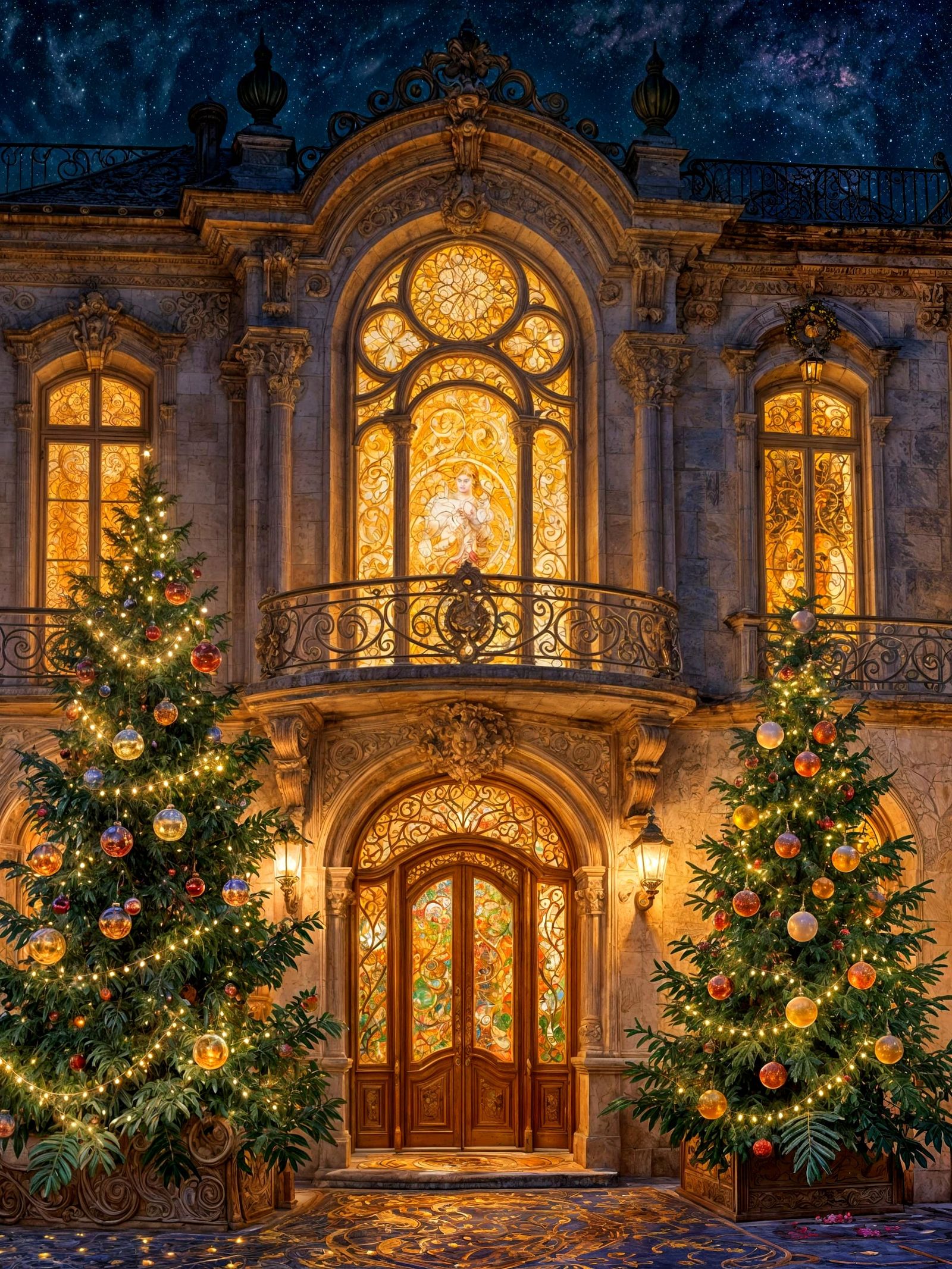 Christmas Eve Glow: Art Nouveau Rococo Architecture