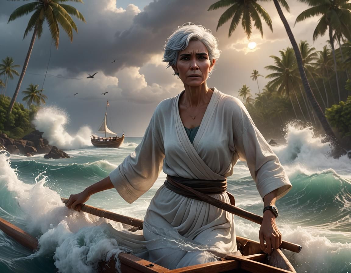 Stoic Woman Holds Boat: Vibrant 3D Digital Art