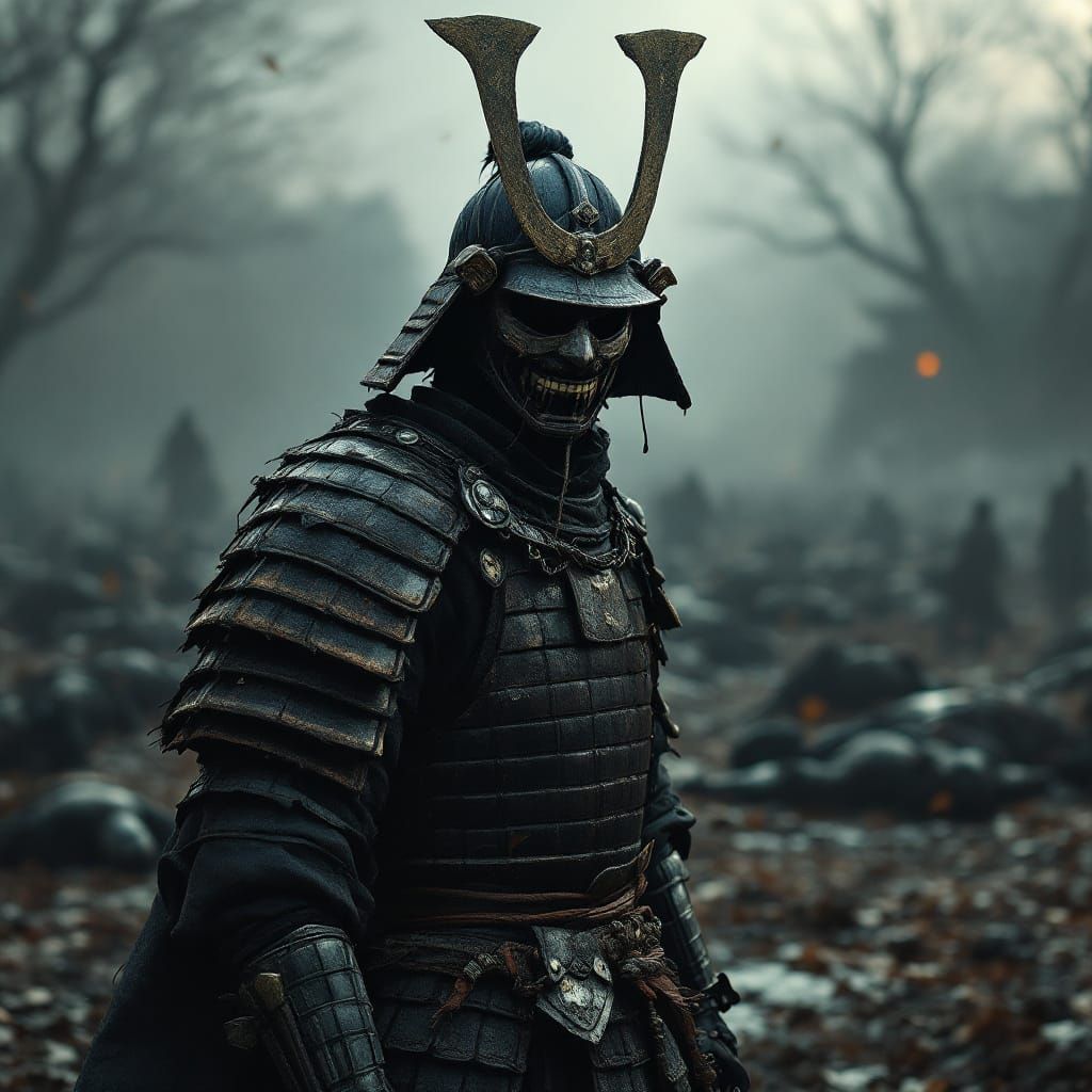 Victorious Samurai on Battlefield in Haunting Digital Art