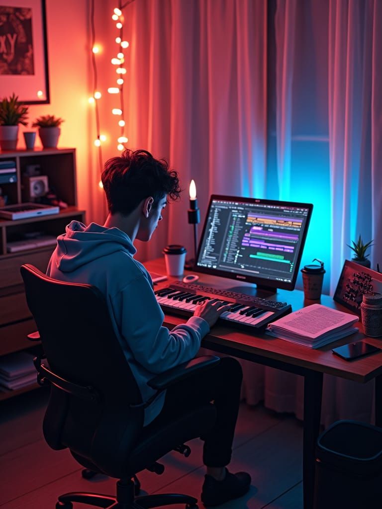 Trendy Musician Composing Electronic Music in Home Studio