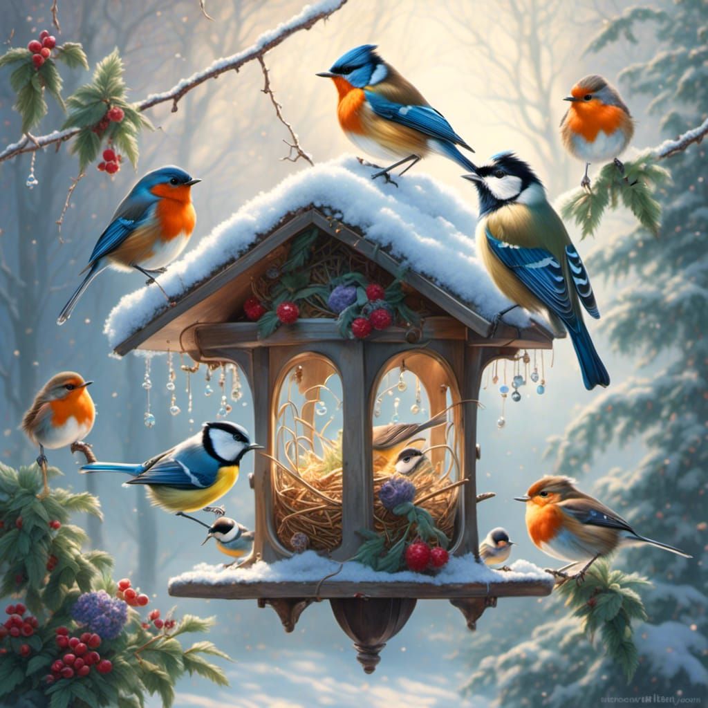 Robins and Bluetits in Snowy Cottage Garden