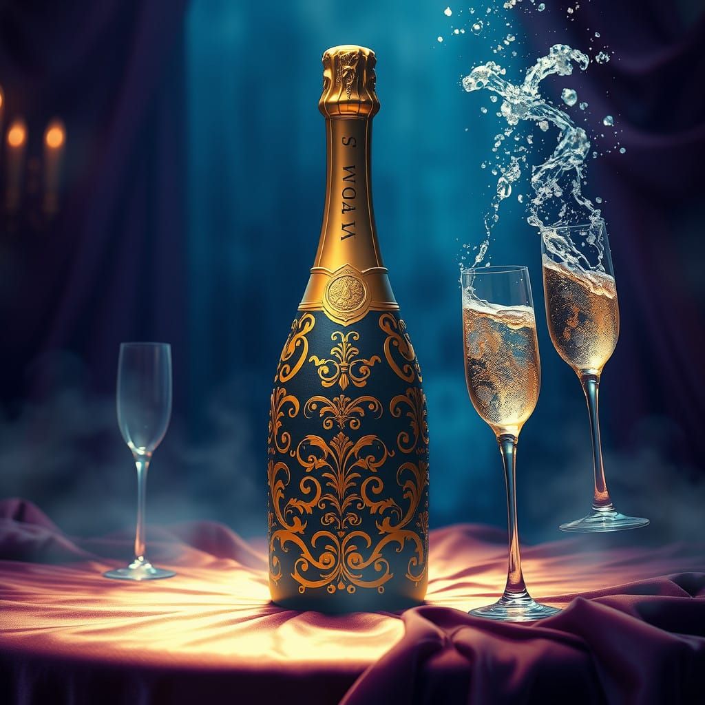 Golden Champagne Bottle in Lavish, Celestial Setting