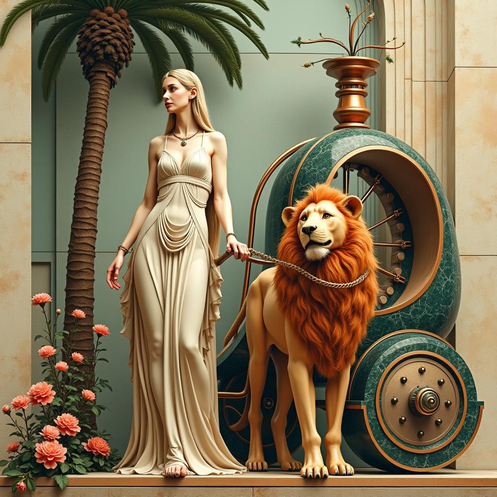 Venus and Lion in Art Deco Cubism Style