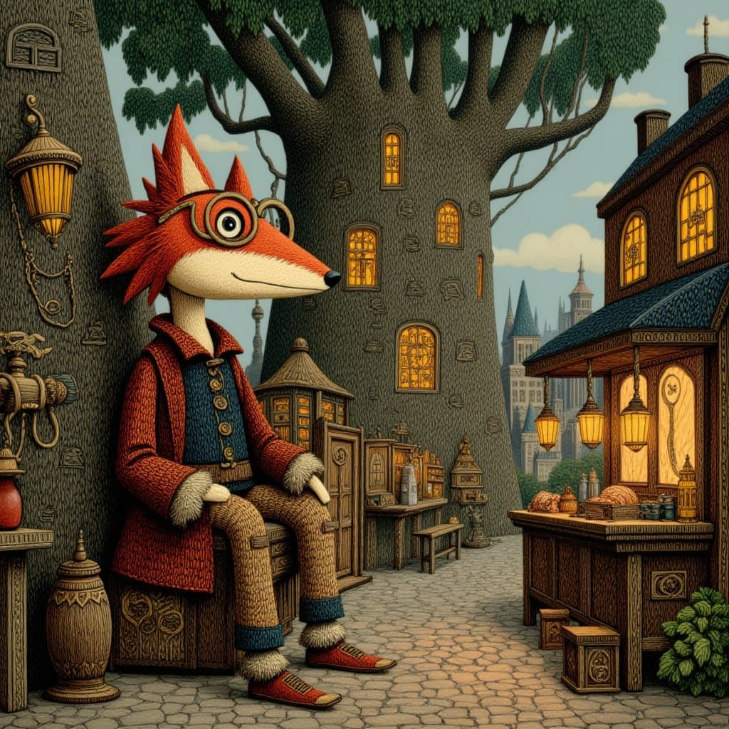 Anthropomorphic Fox in Steampunk Market Illustration
