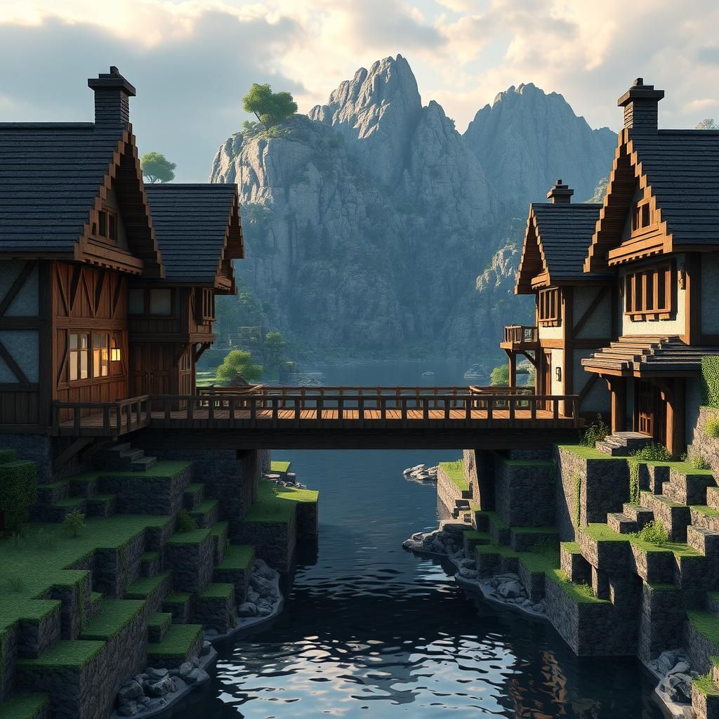 Minecraft Bridge Between Houses in 3D Game Style