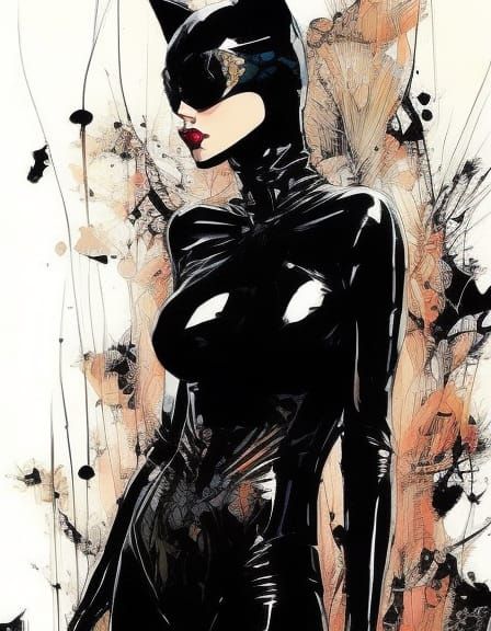 Catwoman in Latex Bikini: Splatter Art Portrait