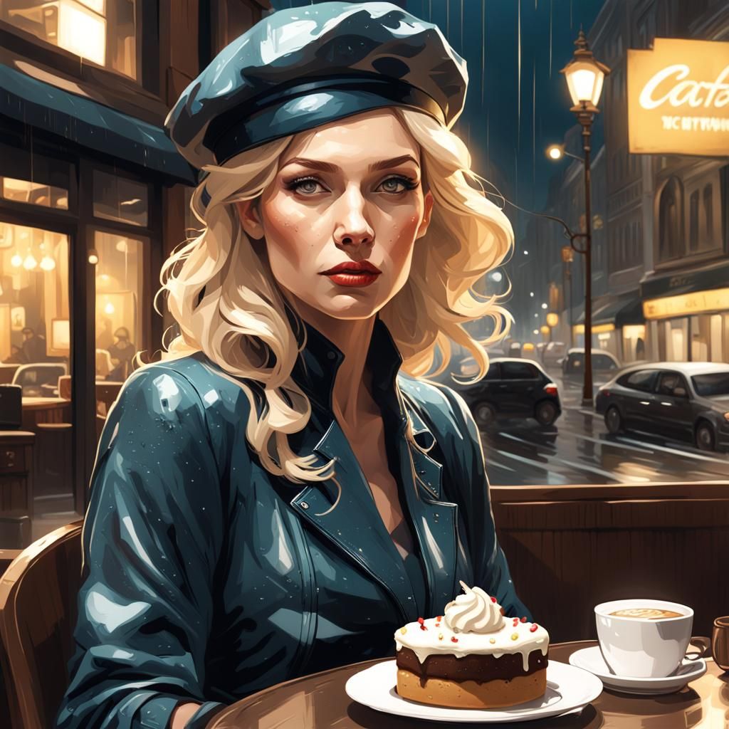 Rainy Cafe Scene with Woman in Beret