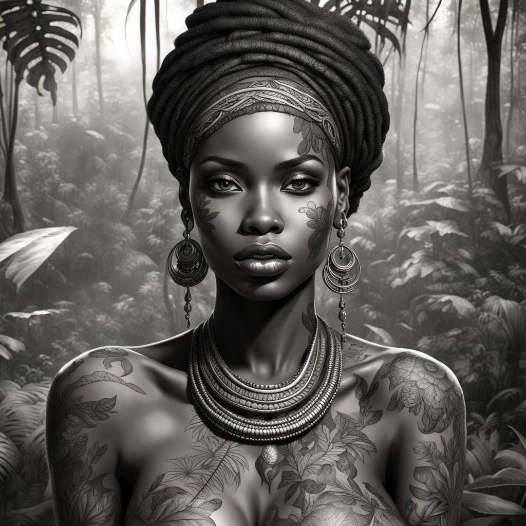 African Beauty in Jungle Scene, Detailed Portrait