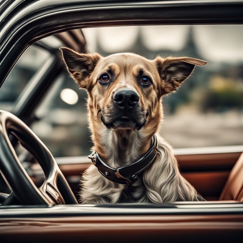 Hyperrealistic Dog Driving Car, Sharp Focus