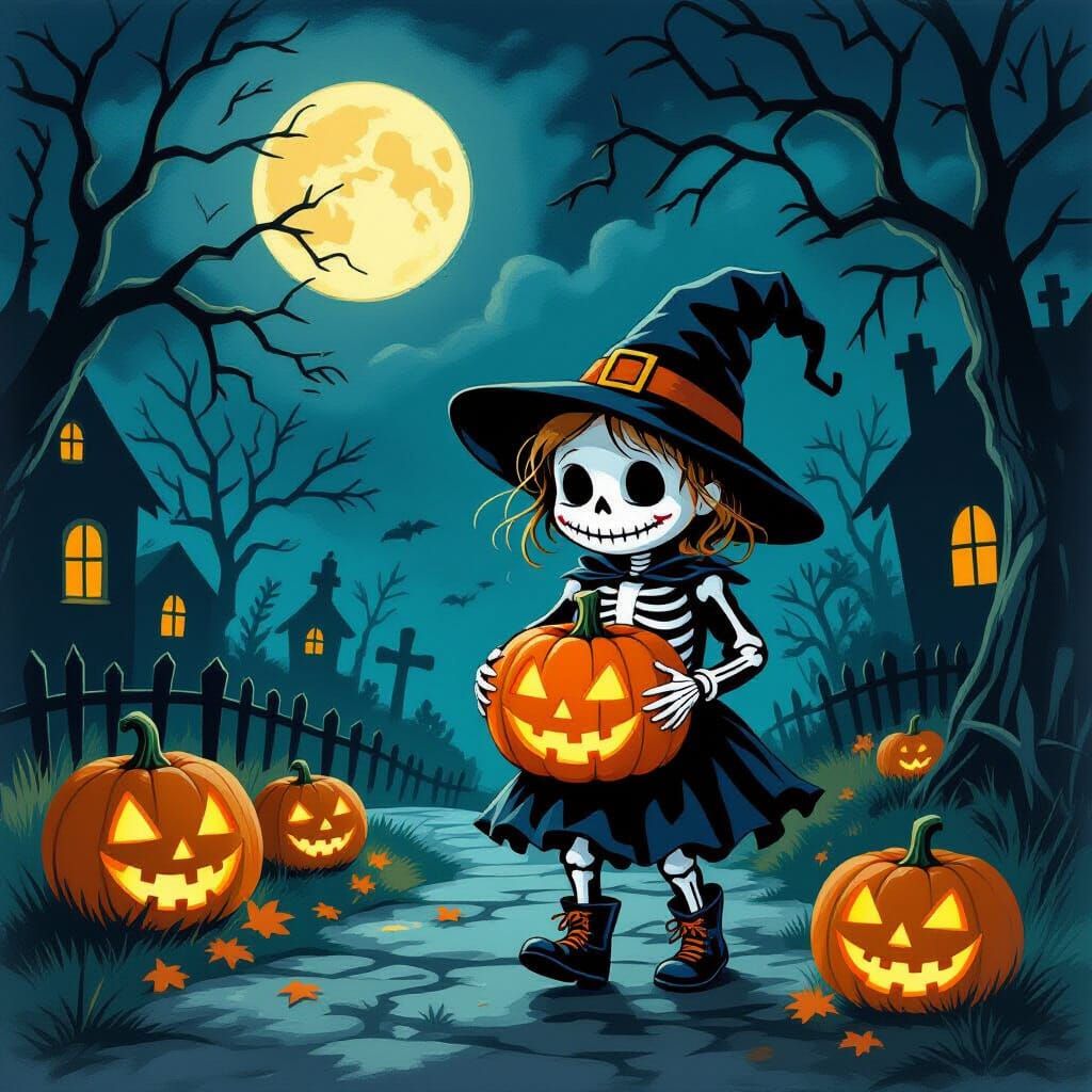 Skeleton Child Trick-or-Treating on Spooky Halloween Night