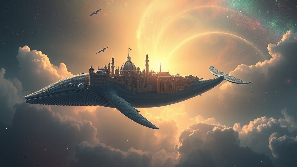 Fantasy City on Giant Sky Whale in Nebula