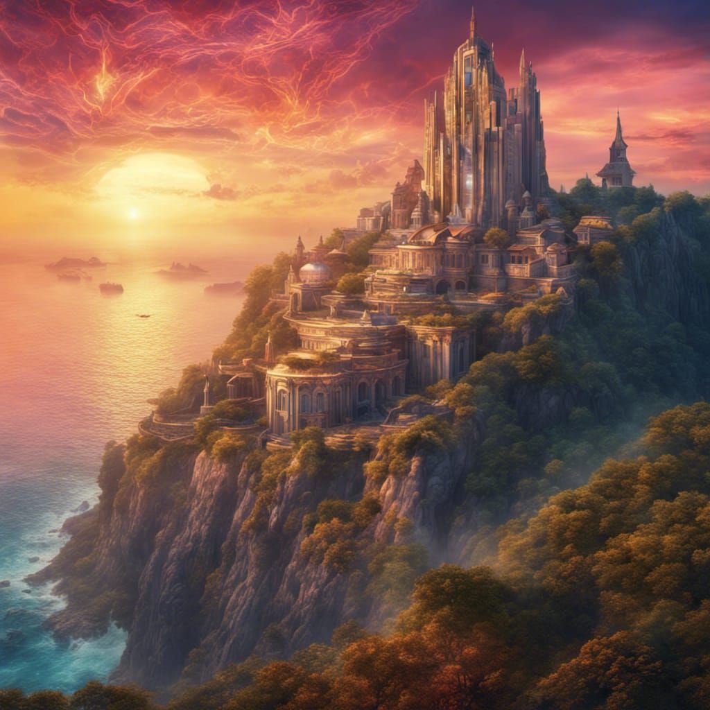 Futuristic Kingdom in Art Deco Style at Sunrise