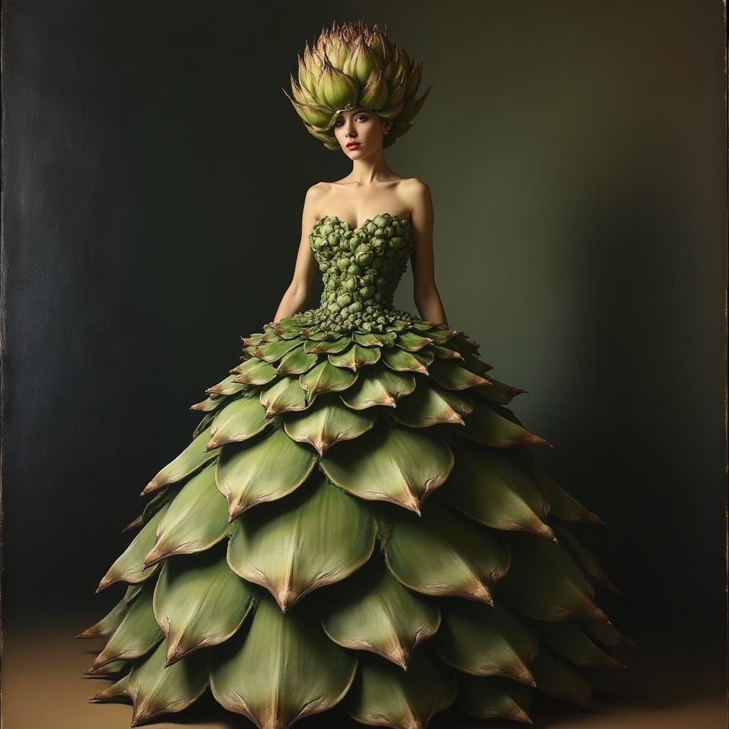 Surreal Artichoke Dress Woman in Dramatic Oil Painting