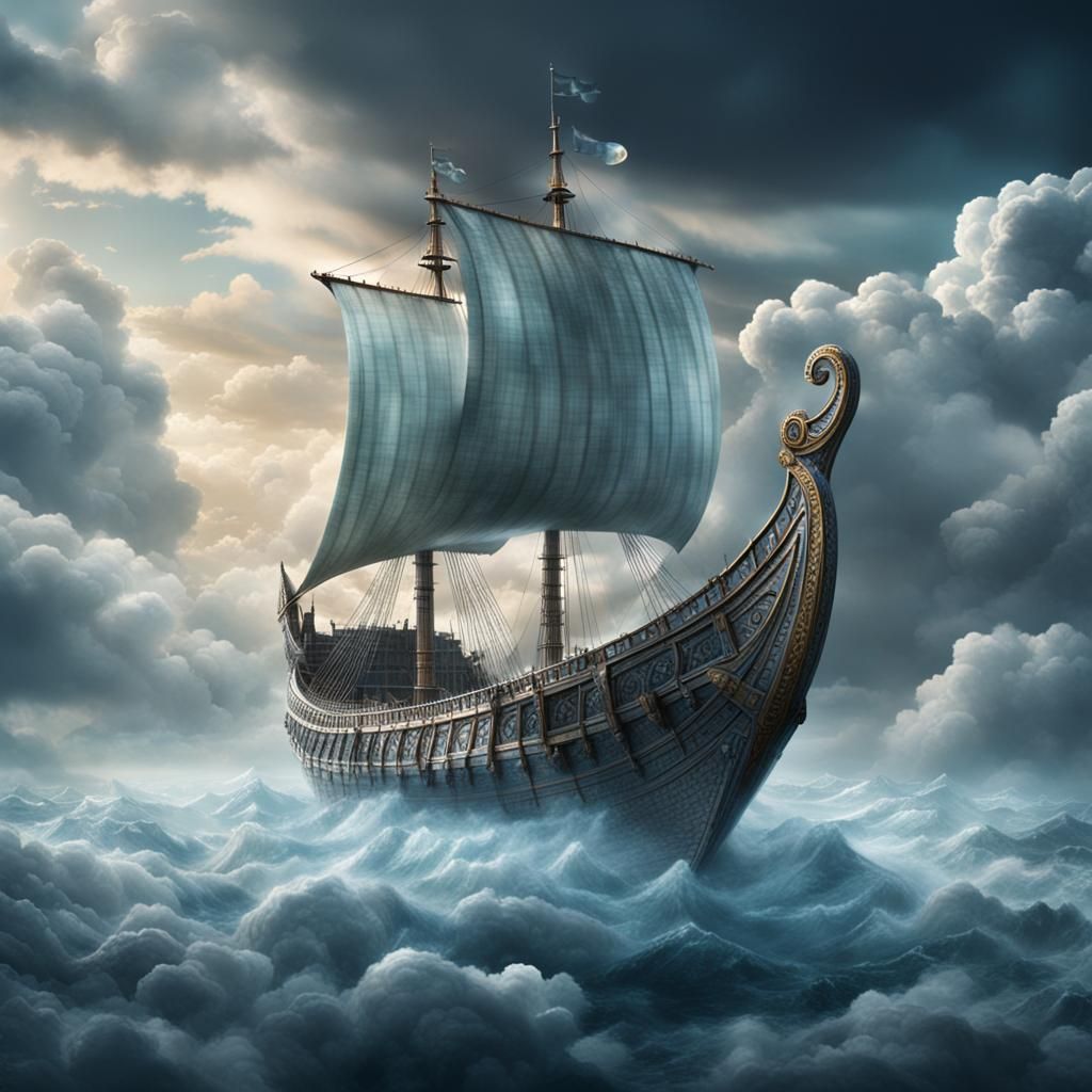Crystal Viking Ship Sailing Among Clouds