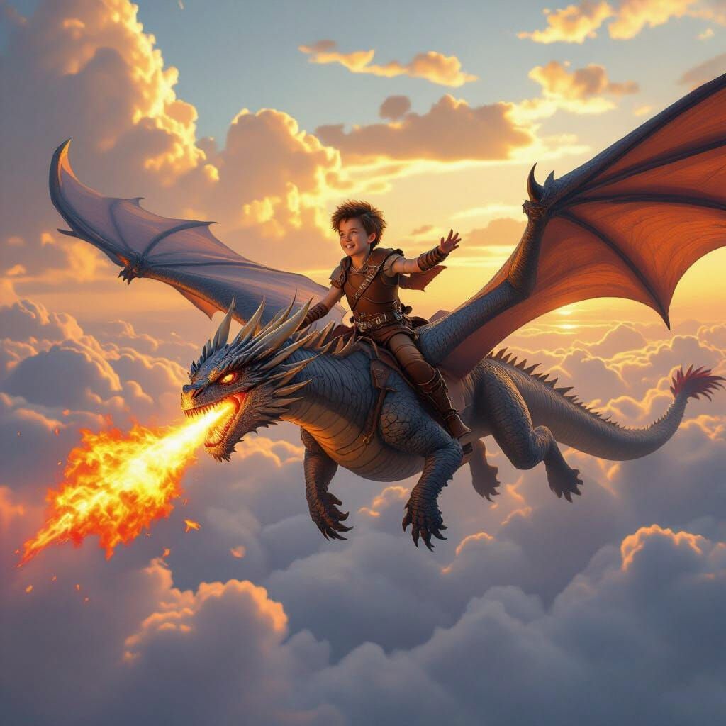 Boy Rides Fire-Breathing Dragon Above Clouds