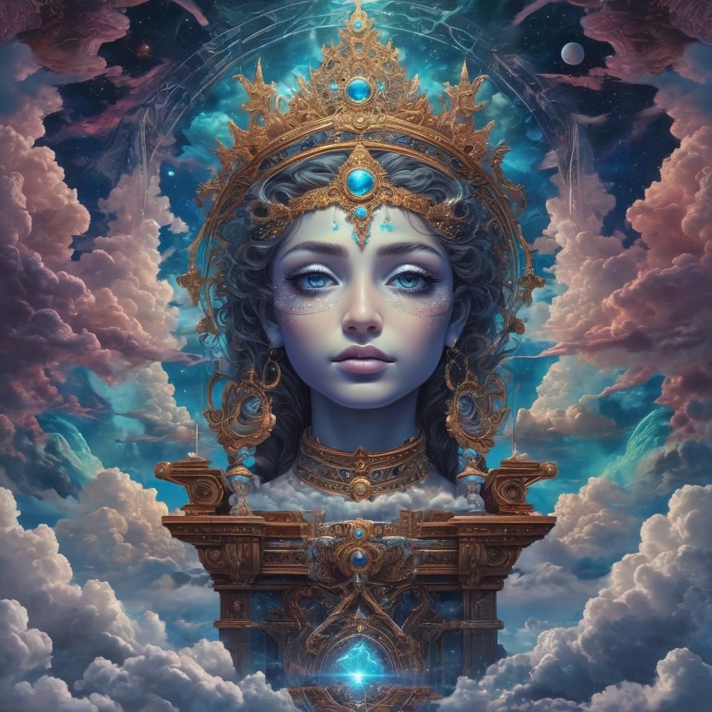 Cosmic Entity on Azure Throne: Holographic Illustration